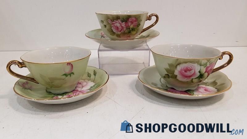 6PC VTG Lefton Green Heritage Rose Teacups + Saucers 