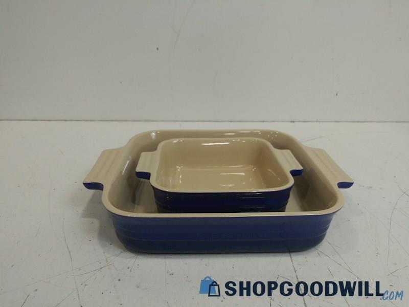 2PC LeCreuster Cookware Square Rectangular Handled Dish Baking Stoneware Decor