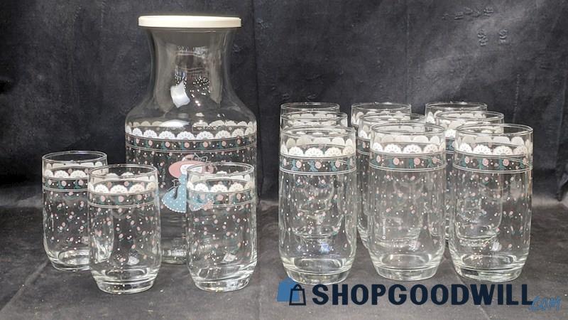 Vintage 1980s Clear Glass Cottagecore Cat Pink Green Roses Juice Carafe + Cups