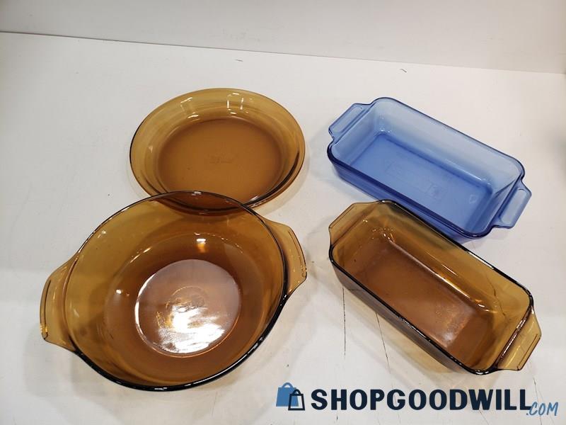 4pc Anchor Hocking Bake Ovenware Loaf Pans, Casserole Dish Brown & Blue Glass