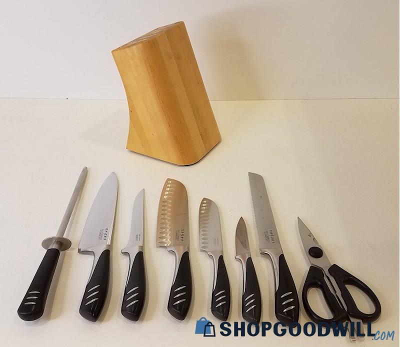 9pc Top Shelf Cutlery Black Ice-Tempered Stainless Steel w/Blond Wood Knifeblock