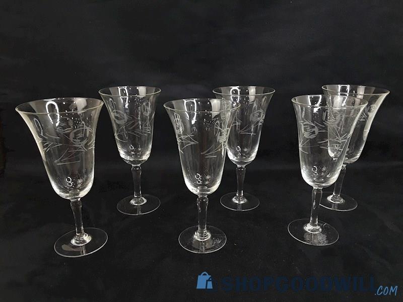 Vintage Etched Glass 6pc Drinking Glasses