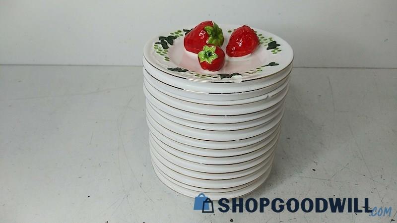 Inarco White Green Red Strawberries Gold Tone Canister/Cookie Jar E-3189