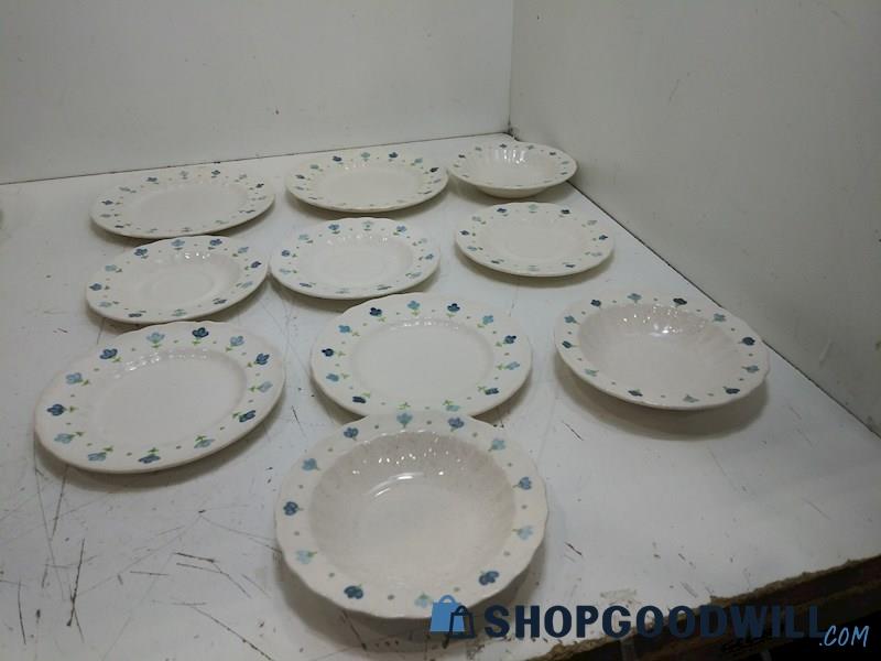 10PC Metlox Vernon Ware Plates Saucers Bowls Milky W/ Blue Poppytrail Dinnerware