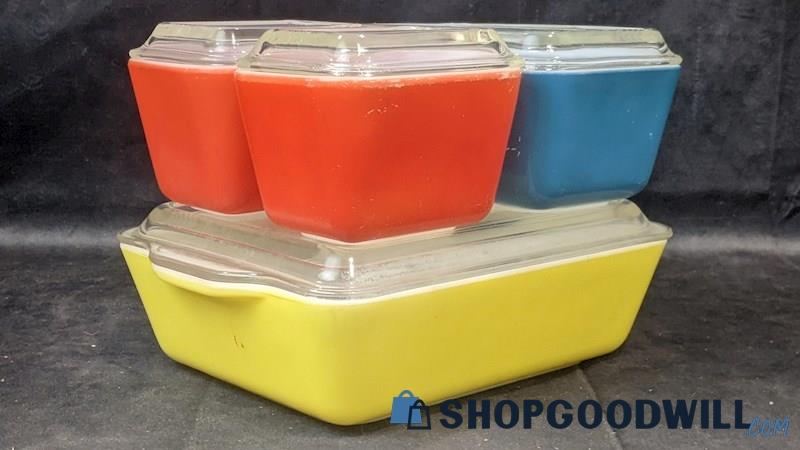 8pcs PYREX Primary Colors Refrigerator Dish Complete Set W/ Lids