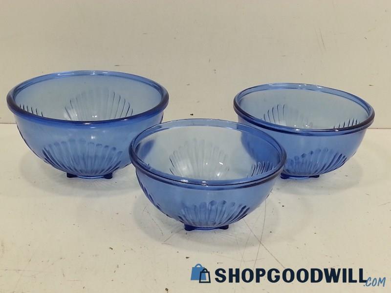3 VTG Cobalt Blue Glass Mixing Bowls Scallop Shell Embossed Design