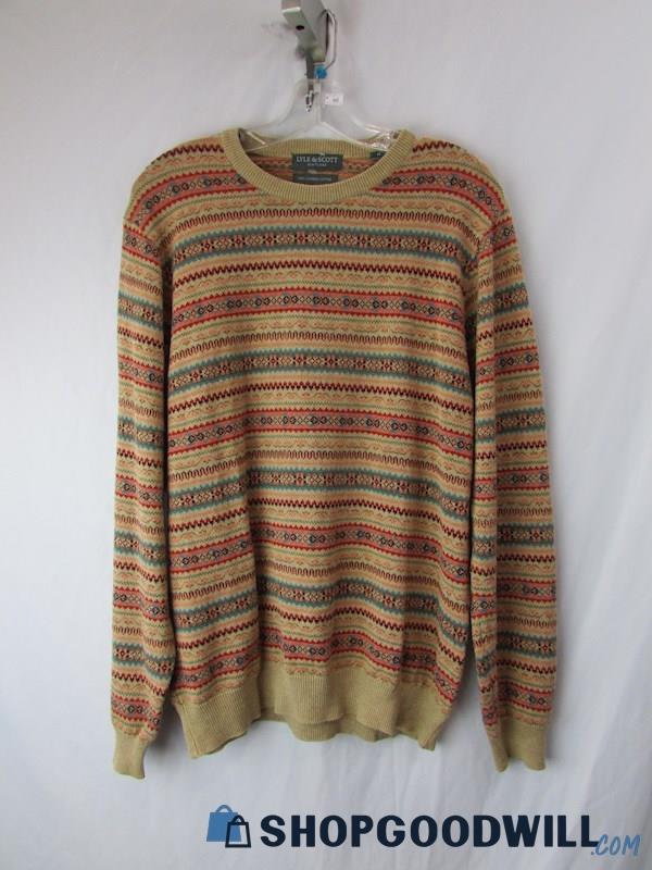 Lyle & Scott Scotland Brown/Red Striped Cotton Knit Crewneck Sweater SZ M