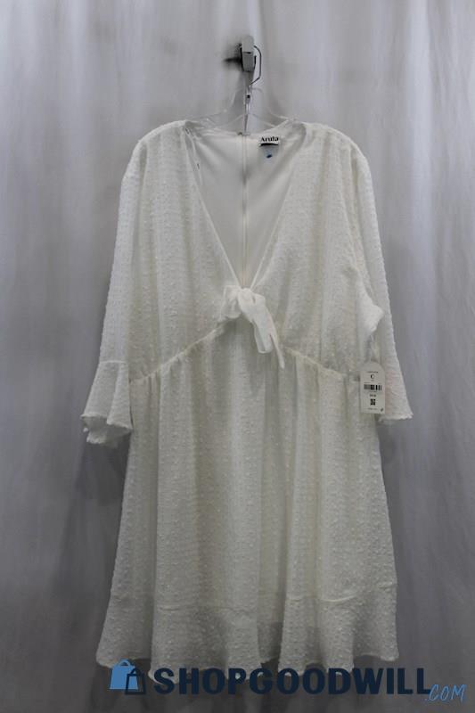 NWT Arula Womens White Textured Bell Sleeve Front Tie Swing Dress Sz 3X