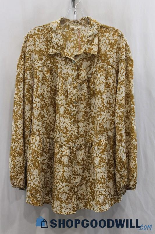 NWT Entro Women's Brown/White Floral Print Button Up Shirt SZ L