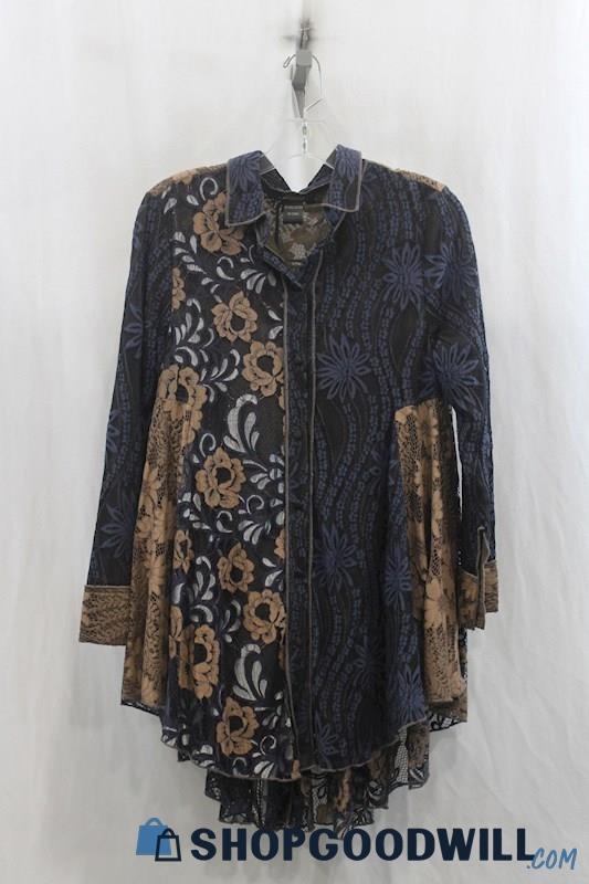 NWT Radzoli Womens Navy/Brown Floral Pattern Button Down Tunic Sz S