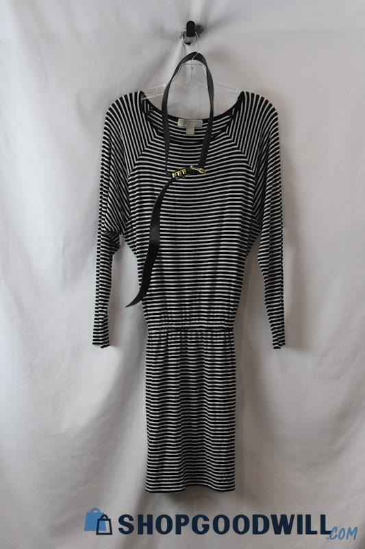 Michael Kors Women's Black/White Striped Long Sleeve Belted Dress sz S