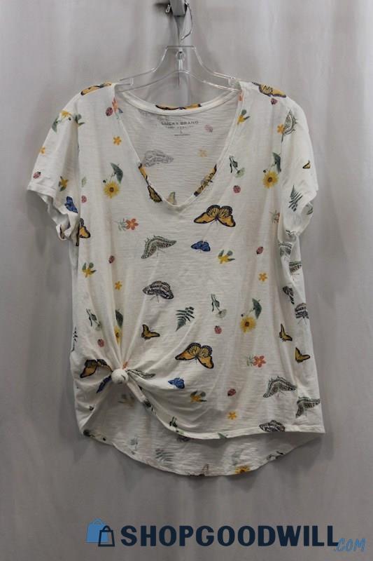 Lucky Brand Women's White Multicolor Floral Print T-Shirt SZ L