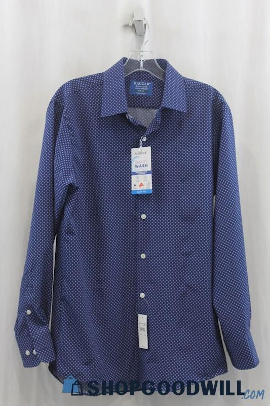 NWT Haggar Mens Navy/White Pattern Dress Shirt Sz 15.5-32/33