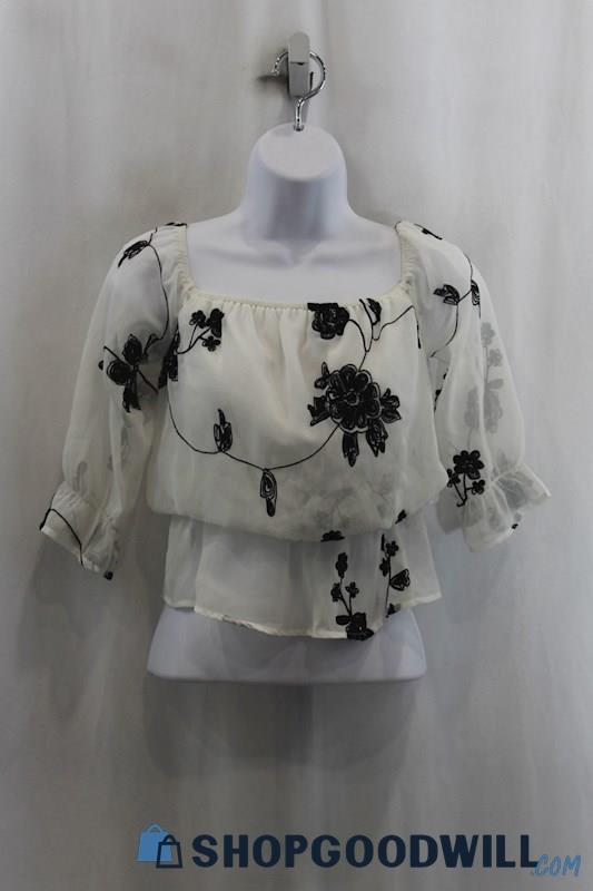 Cals Women's White/Black Floral Print Off Shoulder Blouse SZ S