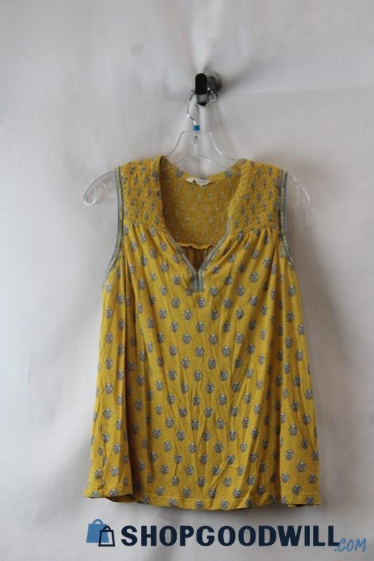 Lucky Brand Women's Yellow/Blue Patterned Notch Neck Smock Shirt SZ M