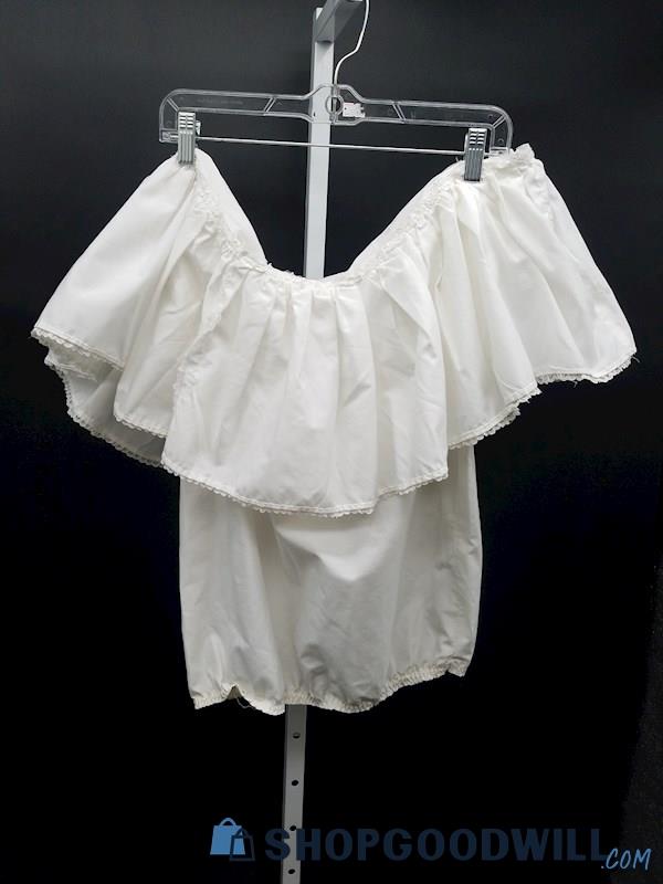 1970s Look White Women's Retro Prairie Off Shoulder Ruffle Crop Top 21x24