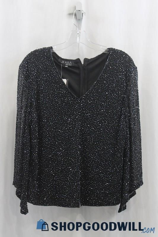 NWT JKARA Womens Black Rhinestone Bell Sleeve Blouse Sz PXL