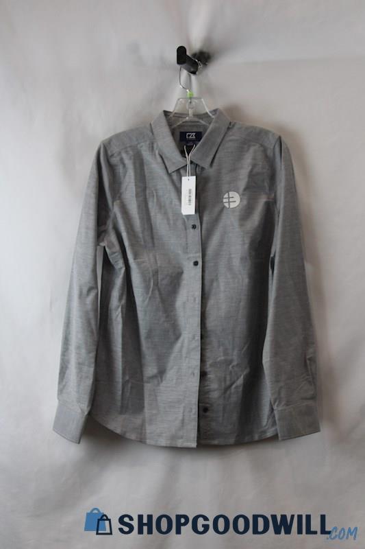 NWT Cutter & Bucks Women's Light Gray Button Up Logo Embroidered Shirt SZ L