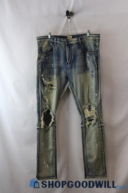 NWT KDNK Men's Blue Vintage Weathered Patched Straight Leg Jean SZ 38