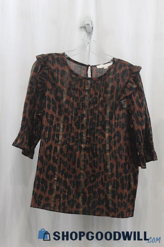 NWT Loft Womens Brown/Black Animal Print Foil Sheer Blouse Sz M