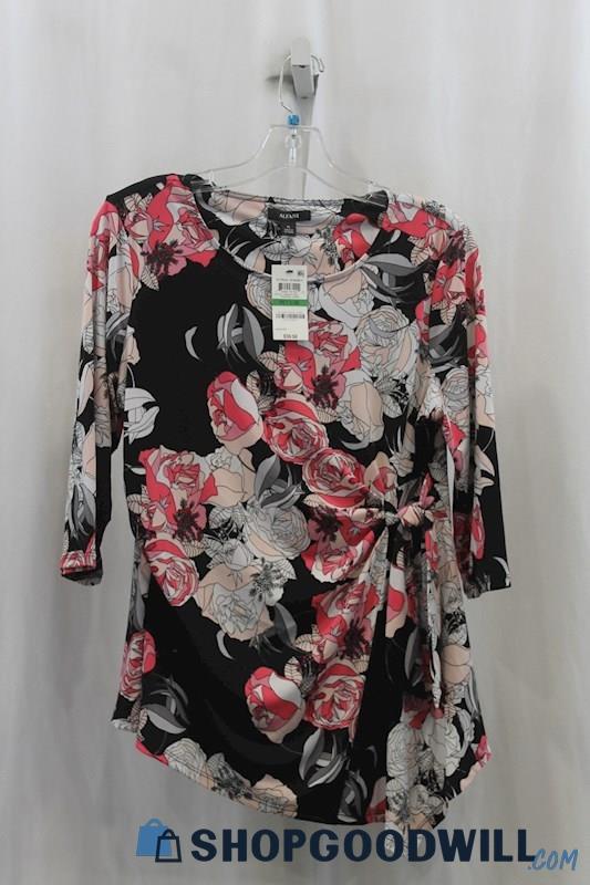 NWT Alfani Womens Black/Pink Floral Asymmetric Blouse Sz PL