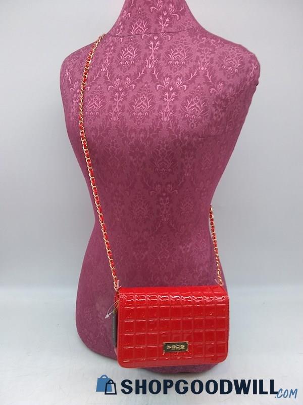 Bebe Red Embossed Patent Leather Fold Over Crossbody Handbag Purse 