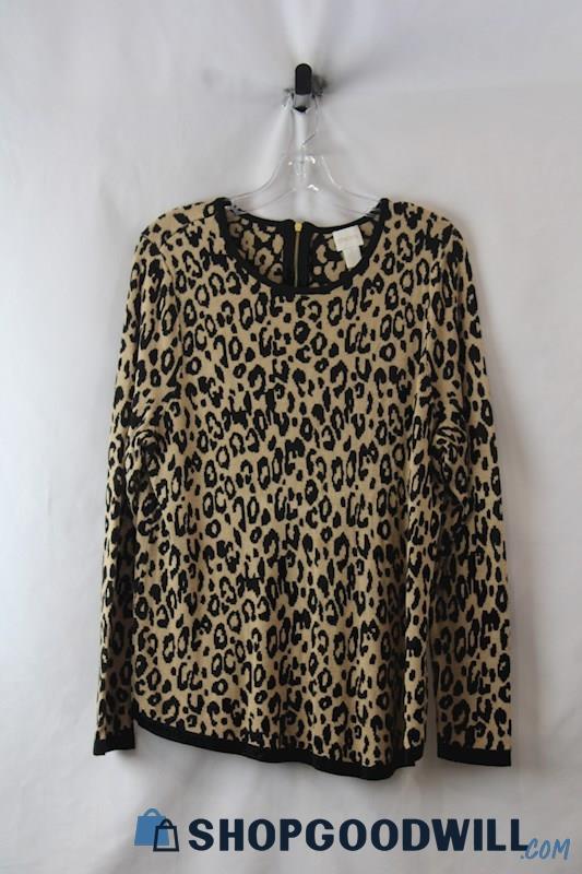 Chico's Women's Beige/Black Cheetah Pattern Soft Knit Sweater SZ XL