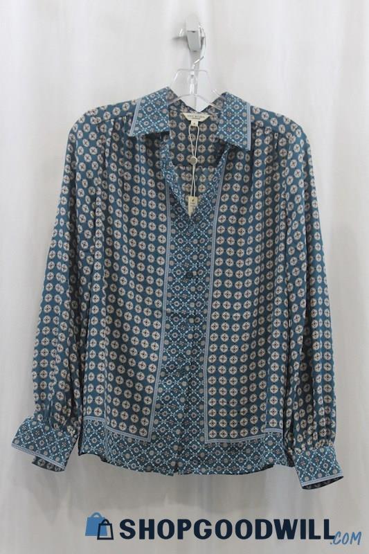 NWT Max Studio Womens Teal Blue/Tan Pattern Button Down Blouse Sz S