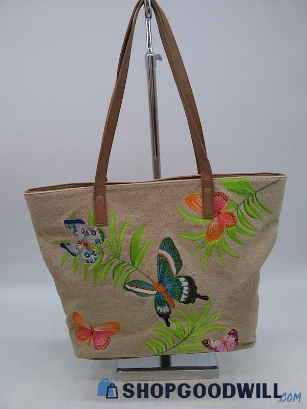 Bueno Dark Beige/ Multicolor Embroidery Tote Handbag Purse 