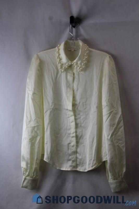 Flying Tomato Women's Ivory Satin Beaded Detail on Collar Button Up Shirt SZ S