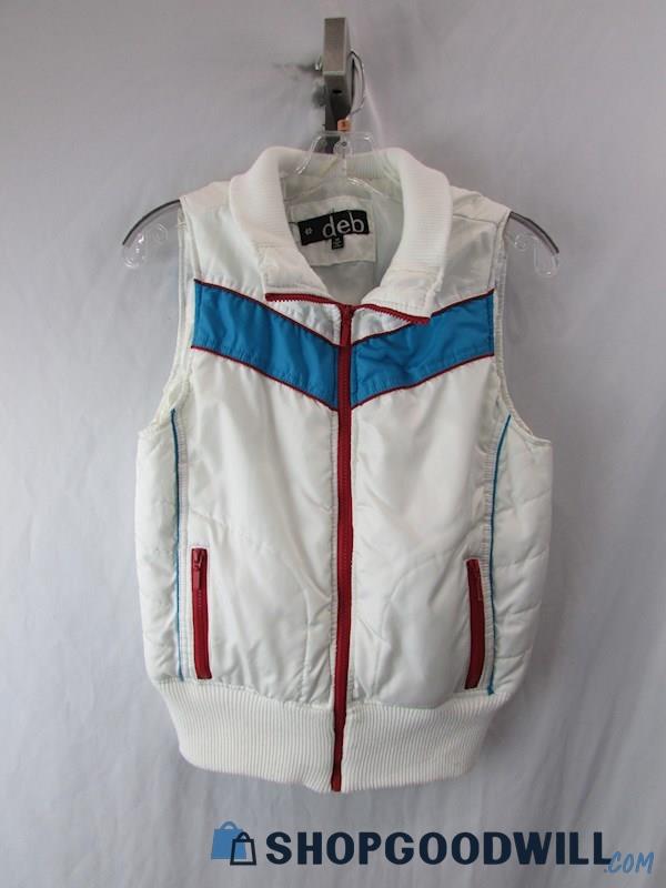 Deb White/Blue/Red Striped Puffer Vest SZ M