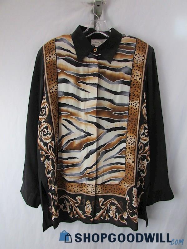 Diane Gilman Women's Black/Brown Animal Print Silk Button-Up Blouse SZ M