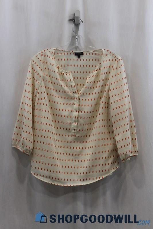 Talbots Women's Tan/Pink Oval Pattern Half Button Blouse SZ S