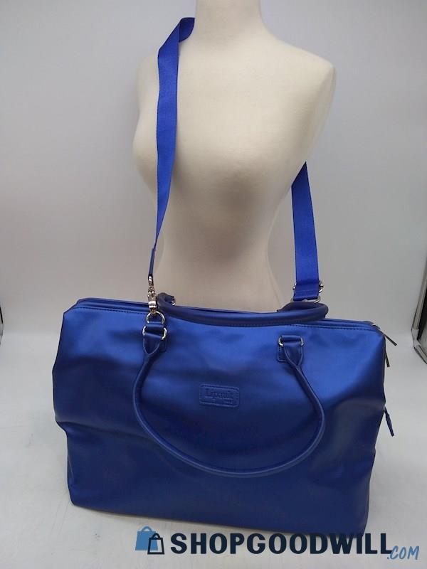 Lipault Lady Plume Metallic Blue Faux Leather Crossbody Bowling Handbag Purse 