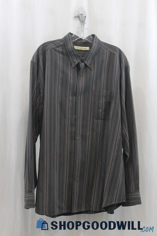 Tommy Bahama Mens Dark Gray Pin Stripe Silk Dress Shirt Sz XL