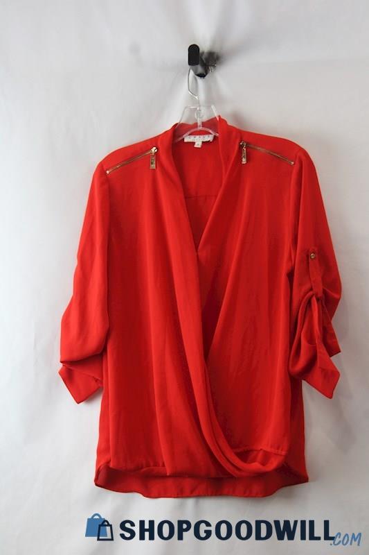 Chaus NY Women's Red Roll Sleeve Surplice Shirt SZ M