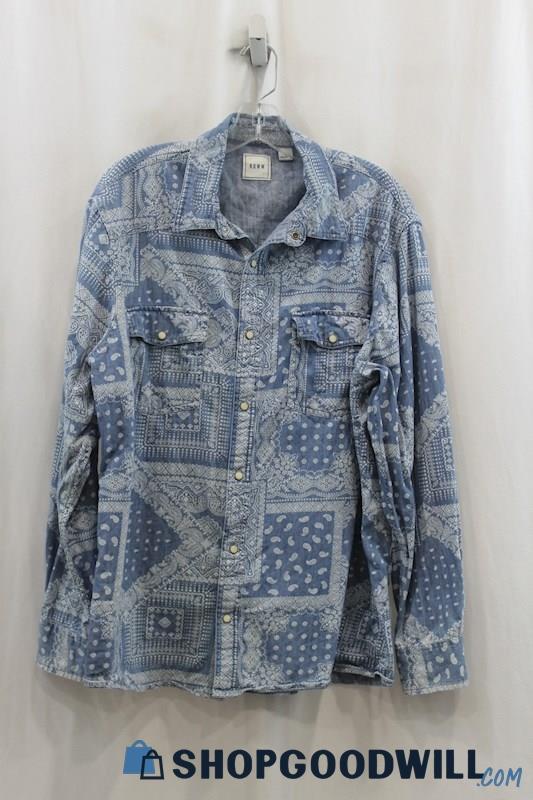 ROWM Men's Indigo/White Design Pattern Snap Button Shirt SZ L