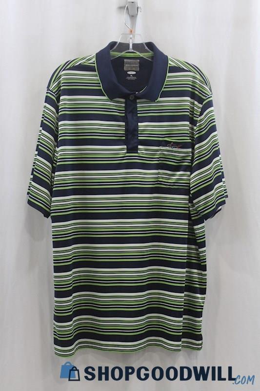 Greg Norman Men's Green/Navy Stripes Polo Shirt SZ XL