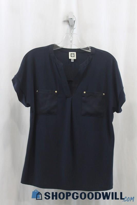 Anne Klein Womens Navy Blue V-Cut Blouse Sz S