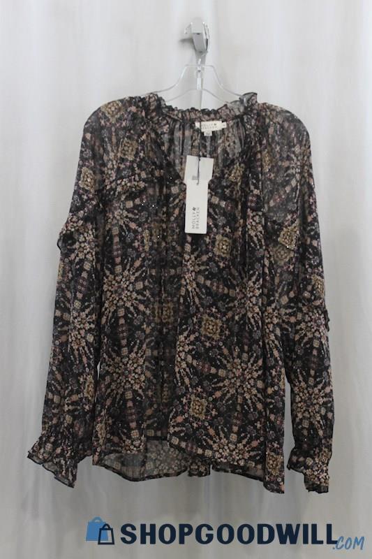 NWT Molly Bracken Womens Black/Tan Geo-Pattern Shimmer Sheer Blouse Sz XL