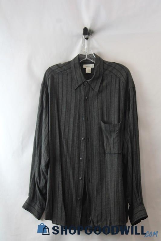 Claiborne Men's Gray Striped Lightweight Button Up Shirt SZ L