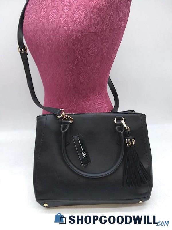 INC International Concepts Black Faux Leather Satchel Crossbody Handbag Purse 
