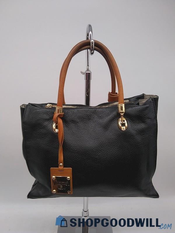 Valentina Black Pebbled Leather Satchel Triple Compartment Handbag Purse 