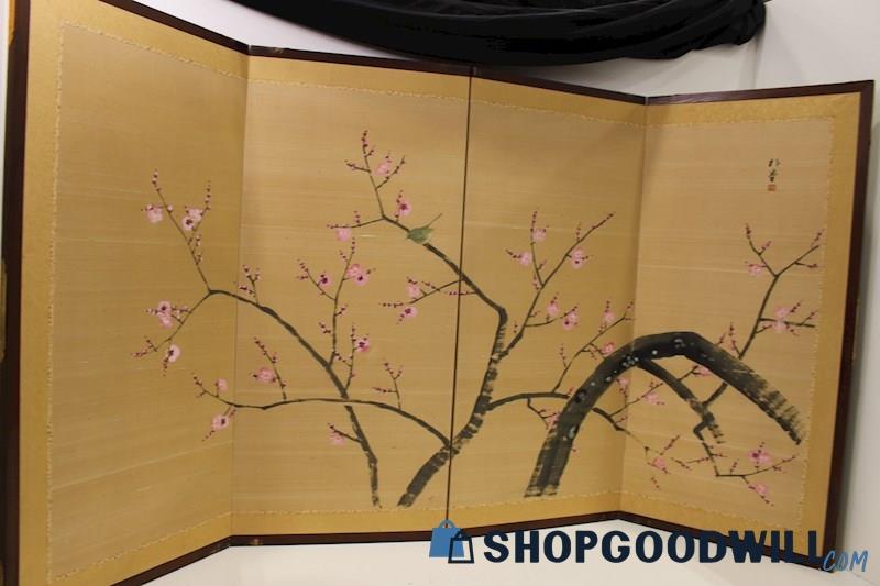 Vintage Chinese 4-Panel Hand Painted Screen Art 'Cherry Blossoms w/Bird' Signed