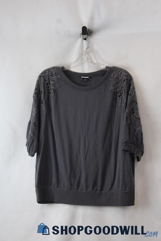 Express Women's Graphite Gray Eyelet Embellished Short Sleeve Top sz L