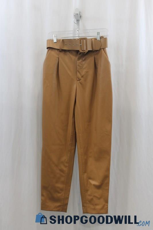 NWT Zara Womens Cognac Brown Belted Faux Leather Pants Sz XS