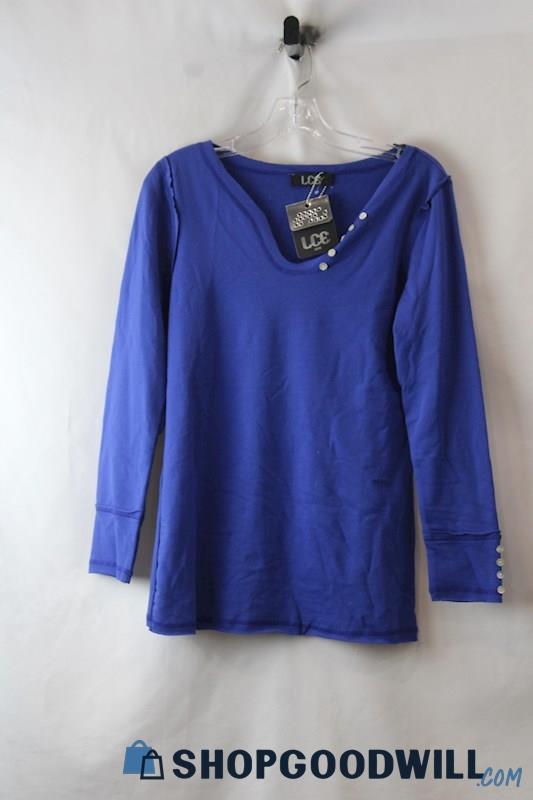 NWT LCE Women's Blue Button Embellished Notch Neck Long Sleeve Tee sz L