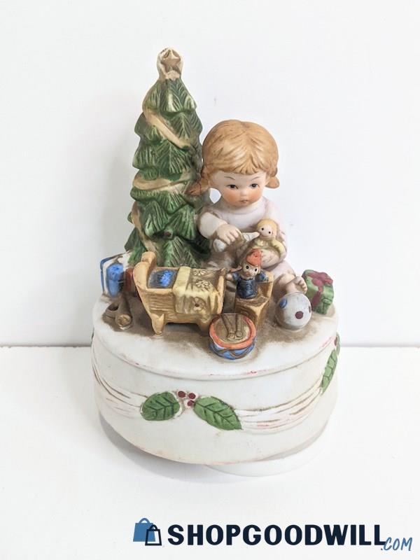 Vintage Little Girl Playing W/ Toys By Christmas Tree Musical Figurine *Works*