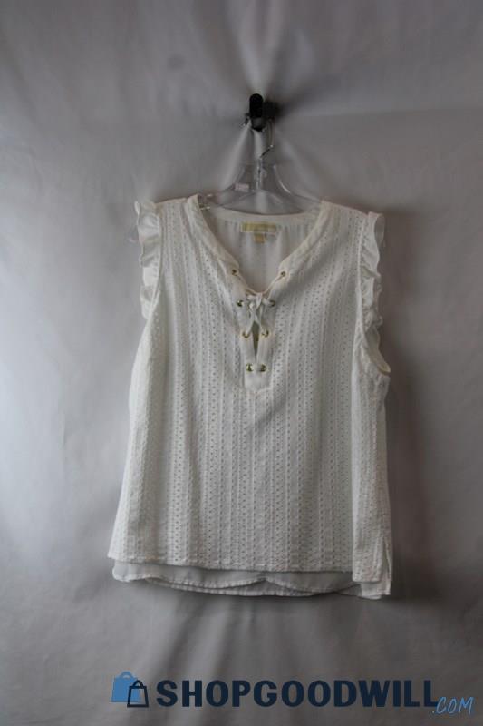 Michael Kors Women's White Eyelet Striped Lace Up V Neck Tank Blouse sz XL