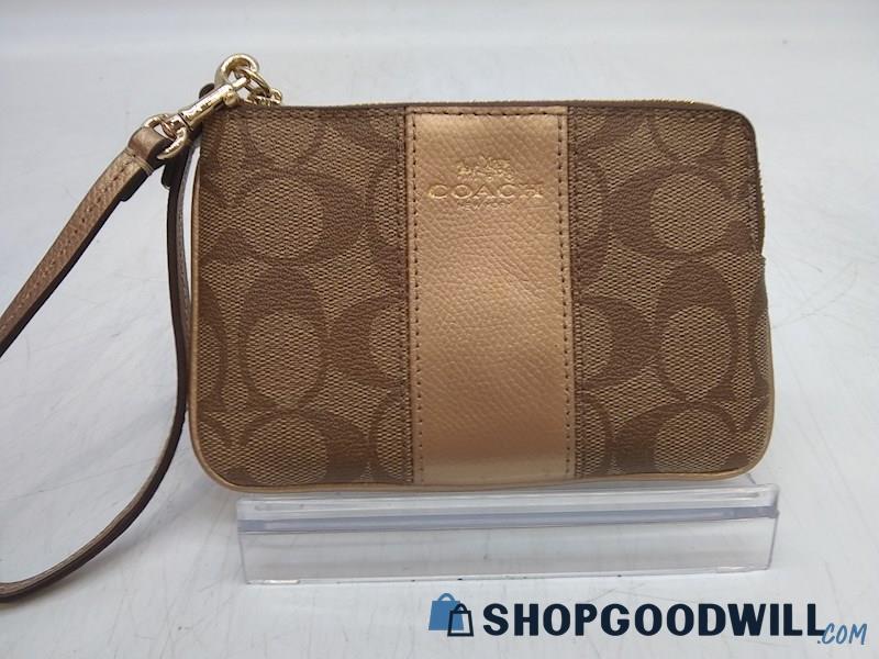 Coach Gold Leather/ Brown Signature Coated Canvas Wristlet Handbag Purse 